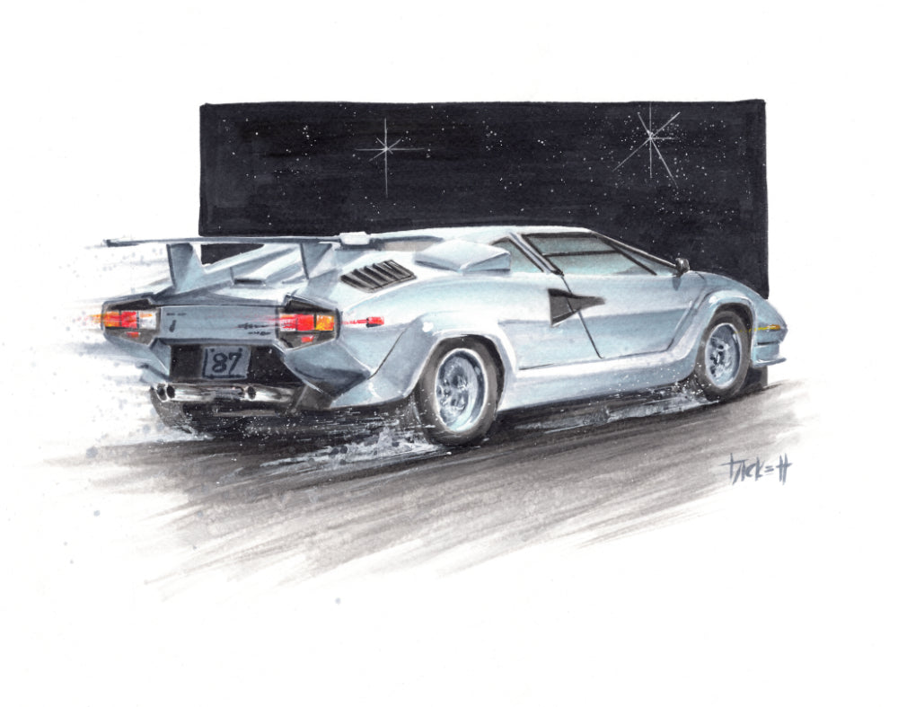 Lamborghini Countach Signed Sketch Print, Framed Automotive Art, Metal, Canvas, popular Gifts for Him, Retrowave 80s, Italian Sports Car, Iconic